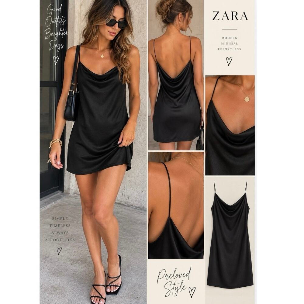 Zara Black Satin Cowl Neck Slip Mini Dress Large Y2K